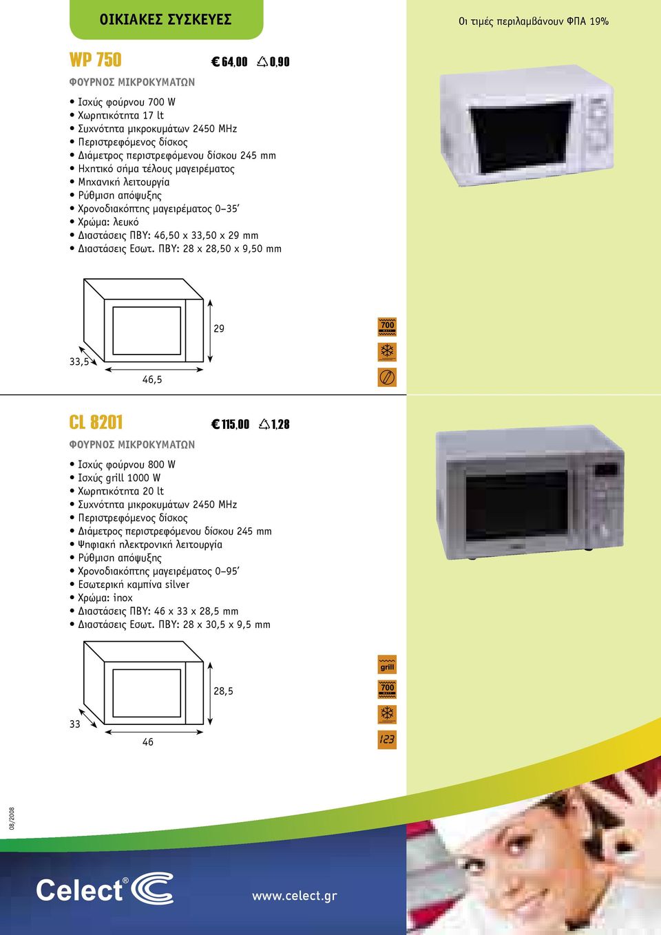 ΠΒΥ: 28 x 28,50 x 9,50 mm 29 33,5 46,5 CL 8201 115,00 1,28 ΦΟΥΡΝΟΣ ΜΙΚΡΟΚΥΜΑΤΩΝ Ισχύς φούρνου 800 W Ισχύς grill 1000 W Χωρητικότητα 20 lt Συχνότητα µικροκυµάτων 2450 MHz Περιστρεφόµενος δίσκος