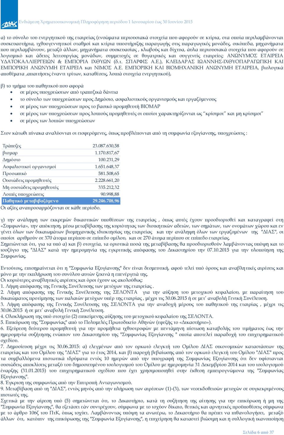 μονάδων, συμμετοχές σε θυγατρικές και συγγενείς εταιρείες: ΑΝΩΝΥΜΟΣ ΕΤΑΙΡΕΙΑ ΥΔΑΤΟΚΑΛΛΙΕΡΓΕΙΩΝ & ΕΜΠΟΡΙΑ ΙΧΘΥΩΝ (δ.τ. ΣΠΑΡΦΙΣ Α.Ε.), ΚΛΕΙΔΑΡΑΣ ΙΩΑΝΝΗΣ-ΙΧΘΥΟΠΑΡΑΓΩΓΙΚΗ ΚΑΙ ΕΜΠΟΡΙΚΗ ΑΝΩΝΥΜΗ ΕΤΑΙΡΕΙΑ και ΝΙΜΟΣ Α.