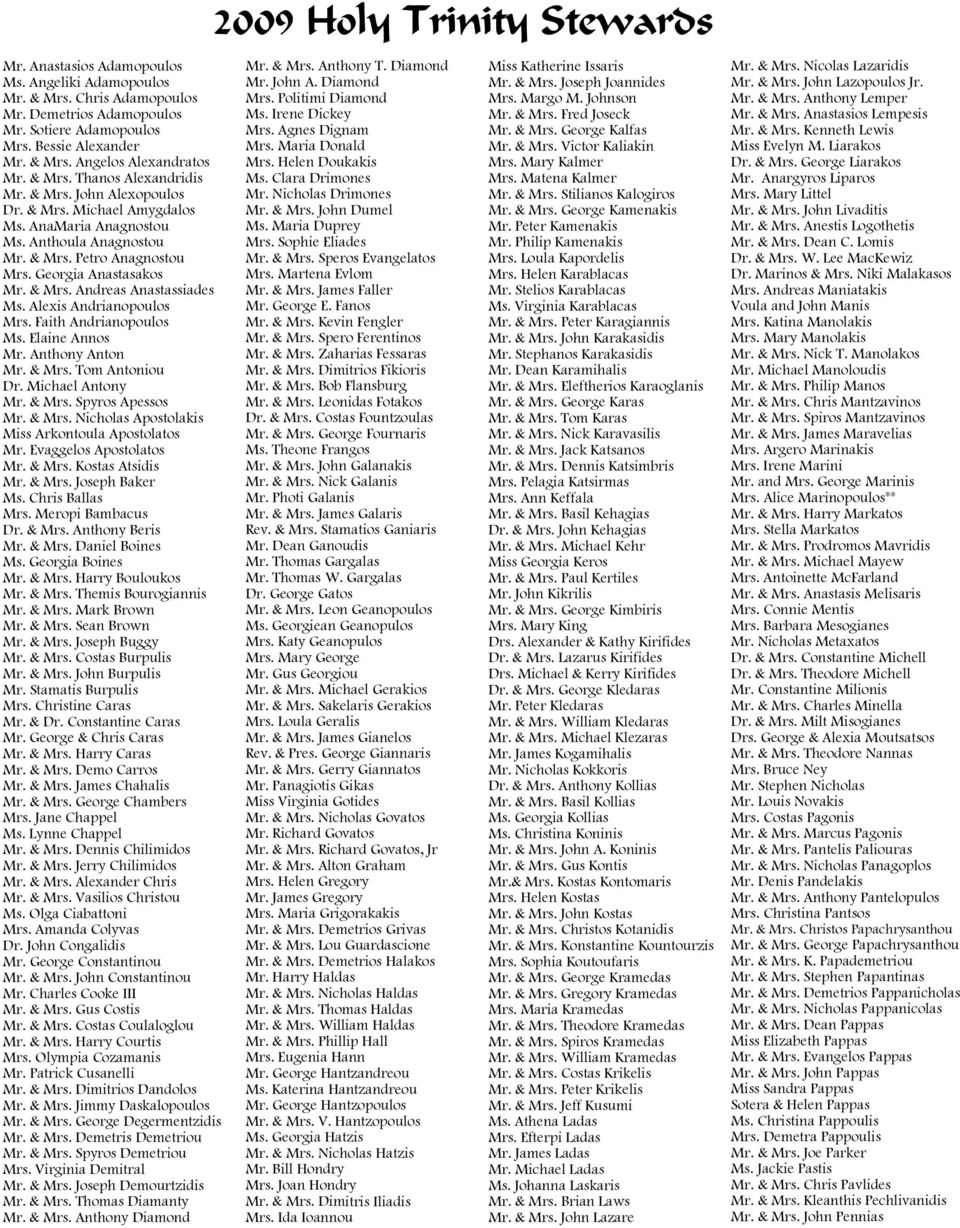 Alexis Andrianopoulos Mrs. Faith Andrianopoulos Ms. Elaine Annos Mr. Anthony Anton Mr. & Mrs. Tom Antoniou Dr. Michael Antony Mr. & Mrs. Spyros Apessos Mr. & Mrs. Nicholas Apostolakis Miss Arkontoula Apostolatos Mr.