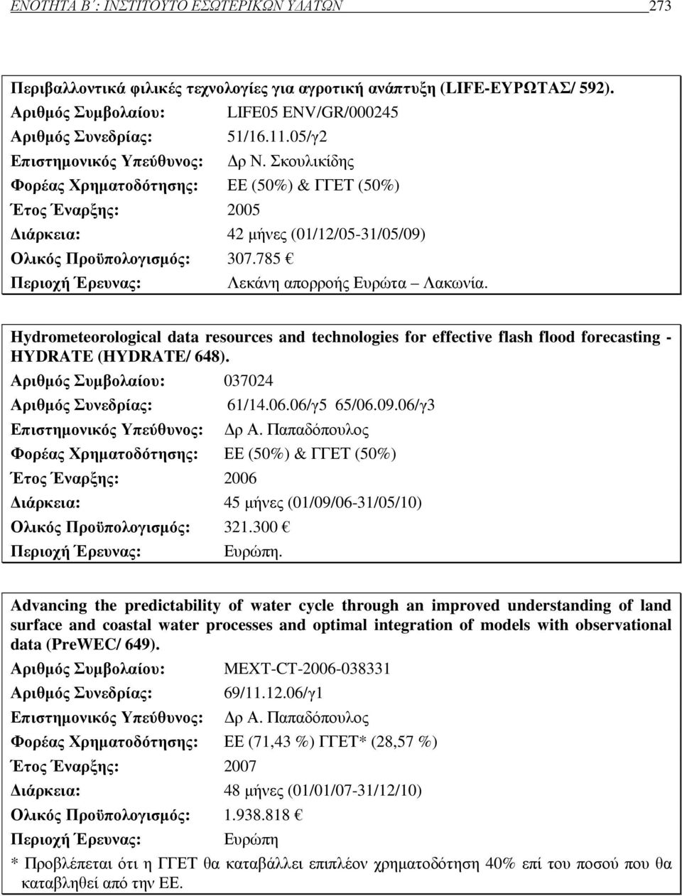 785 Περιοχή Έρευνας: Λεκάνη απορροής Ευρώτα Λακωνία. Hydrometeorological data resources and technologies for effective flash flood forecasting - HYDRATE (HYDRATE/ 648).