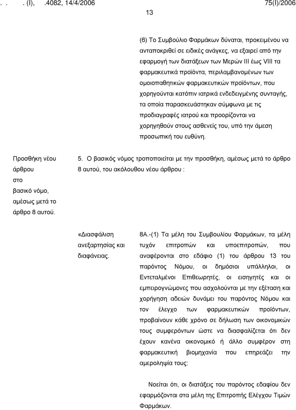 ασθενείς του, υπό την άμεση προσωπική του ευθύνη. Προσθήκη νέου άρθρου στο βασικό νόμο, αμέσως μετά το άρθρο 8 αυτού. 5.