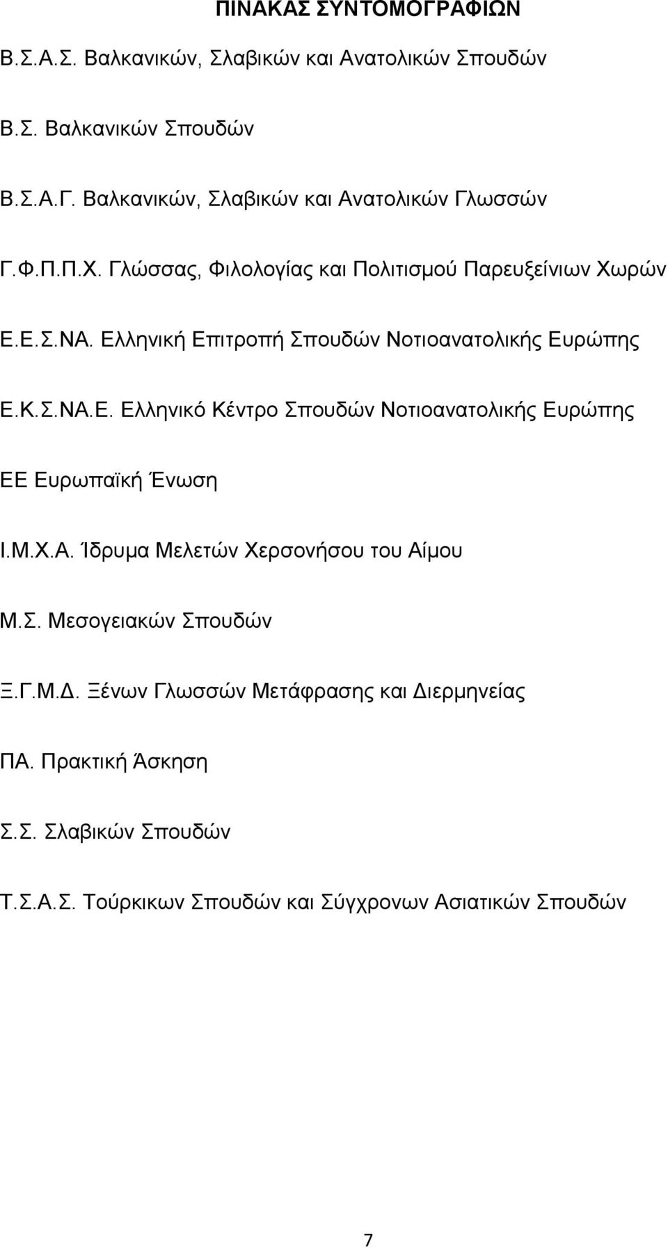 Μ.Χ.Α. Ίδρυμα Μελετών Χερσονήσου του Αίμου Μ.Σ. Μεσογειακών Σπουδών Ξ.Γ.Μ.Δ. Ξένων Γλωσσών Μετάφρασης και Διερμηνείας ΠΑ. Πρακτική Άσκηση Σ.Σ. Σλαβικών Σπουδών Τ.