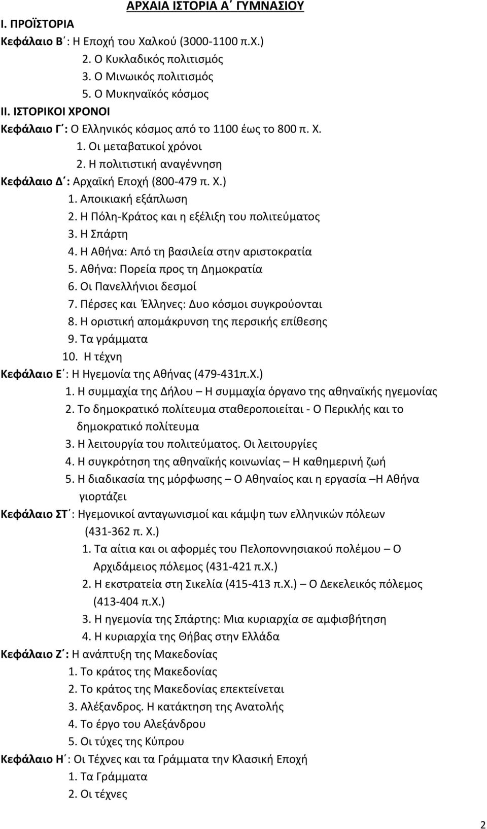 Η Πόλη-Κράτος και η εξέλιξη του πολιτεύματος 3. Η Σπάρτη 4. Η Αθήνα: Από τη βασιλεία στην αριστοκρατία 5. Αθήνα: Πορεία προς τη Δημοκρατία 6. Οι Πανελλήνιοι δεσμοί 7.