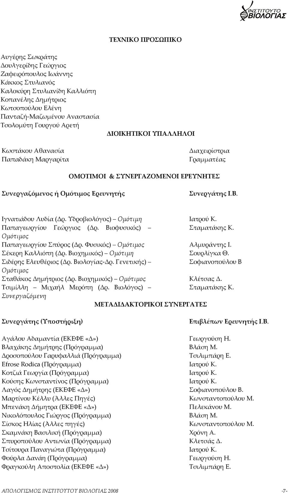 Ιγνατιάδου Λυδία (Δρ. Υδροβιολόγος) Ομότιμη Παπαγεωργίου Γεώργιος (Δρ. Βιοφυσικός) Ομότιμος Παπαγεωργίου Σπύρος (Δρ. Φυσικός) Ομότιμος Σέκερη Καλλιόπη (Δρ. Βιοχημικός) Ομότιμη Σιδέρης Ελευθέριος (Δρ.