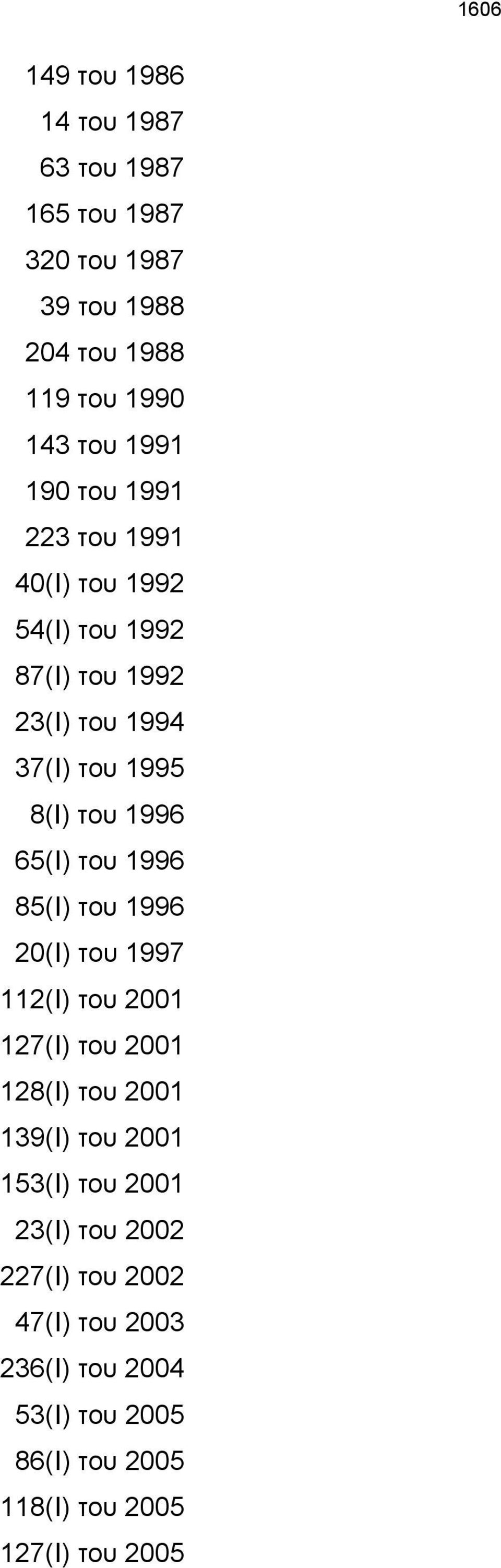 του 1996 85(Ι) του 1996 20(Ι) του 1997 112(Ι) του 2001 127(Ι) του 2001 128(Ι) του 2001 139(Ι) του 2001 153(Ι) του 2001