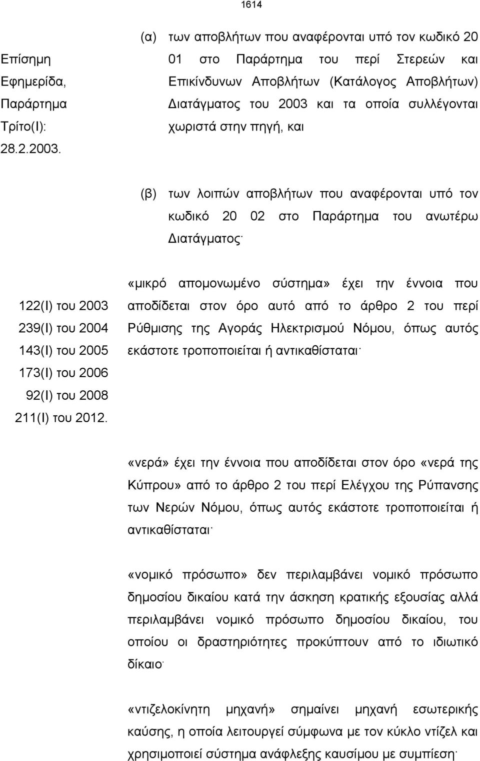 και (β) των λοιπών αποβλήτων που αναφέρονται υπό τον κωδικό 20 02 στο Παράρτημα του ανωτέρω Διατάγματος 122(Ι) του 2003 239(Ι) του 2004 143(Ι) του 2005 173(Ι) του 2006 92(Ι) του 2008 211(Ι) του 2012.