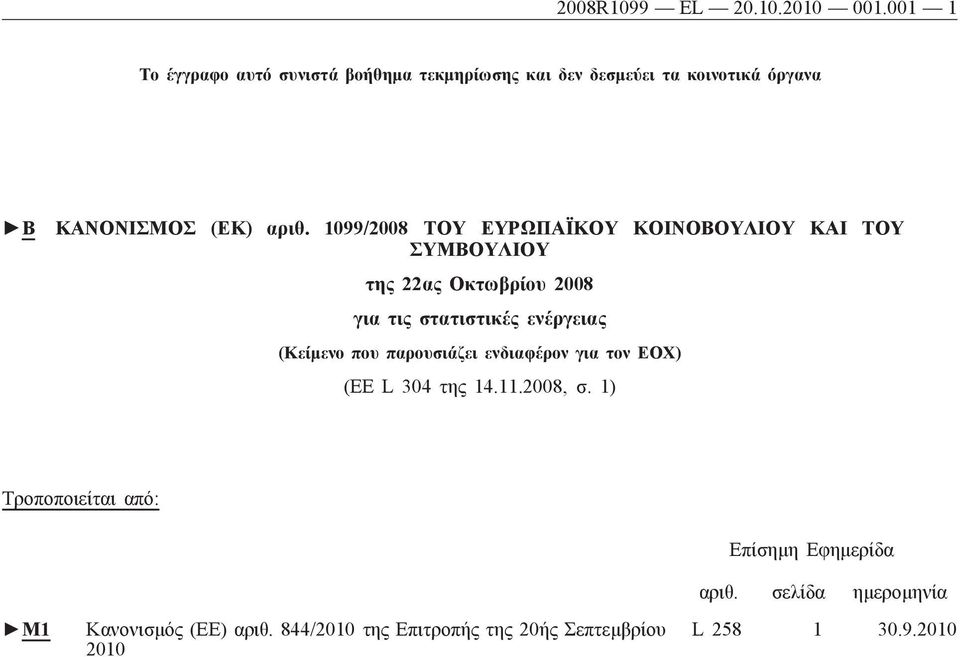 1099/2008 ΤΟΥ ΕΥΡΩΠΑΪΚΟΥ ΚΟΙΝΟΒΟΥΛΙΟΥ ΚΑΙ ΤΟΥ ΣΥΜΒΟΥΛΙΟΥ της 22ας Οκτωβρίου 2008 για τις στατιστικές ενέργειας (Κείμενο