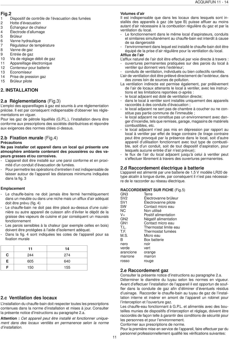 Entrée de gaz 10 Vis de réglage débit de gaz 11 Appareillage électronique 12 Conteneur pour batterie 13 Economiseur 14 Prise de pression gaz 15 Brûleur pilote 2. INSTALLATION 2.a Réglementations (Fig.