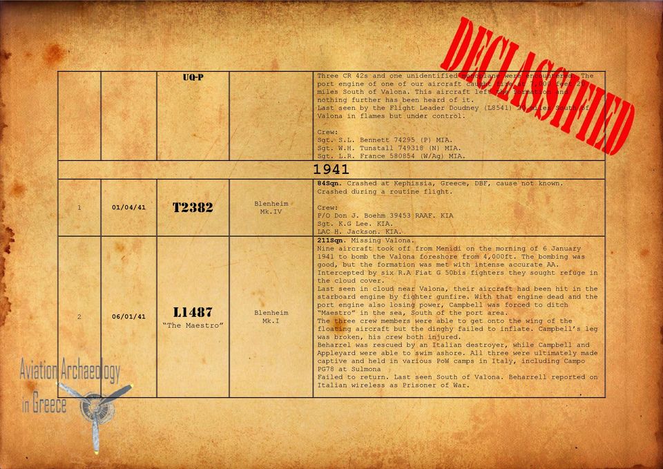 Last seen by the Flight Leader Doudney (L8541) 20 miles South of Valona in flames but under control. Sgt. S.L. Bennett 74295 (P) MIA. Sgt. W.H. Tunstall 749318 (N) MIA. Sgt. L.R.