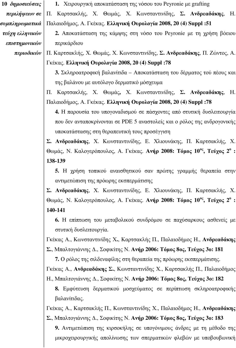 Κωνσταντινίδης, Σ. Ανδρεαδάκης, Π. Ζώντος, Α. Γκέκας. Ελληνική Ουρολογία 2008, 20 (4) Suppl :78 3.