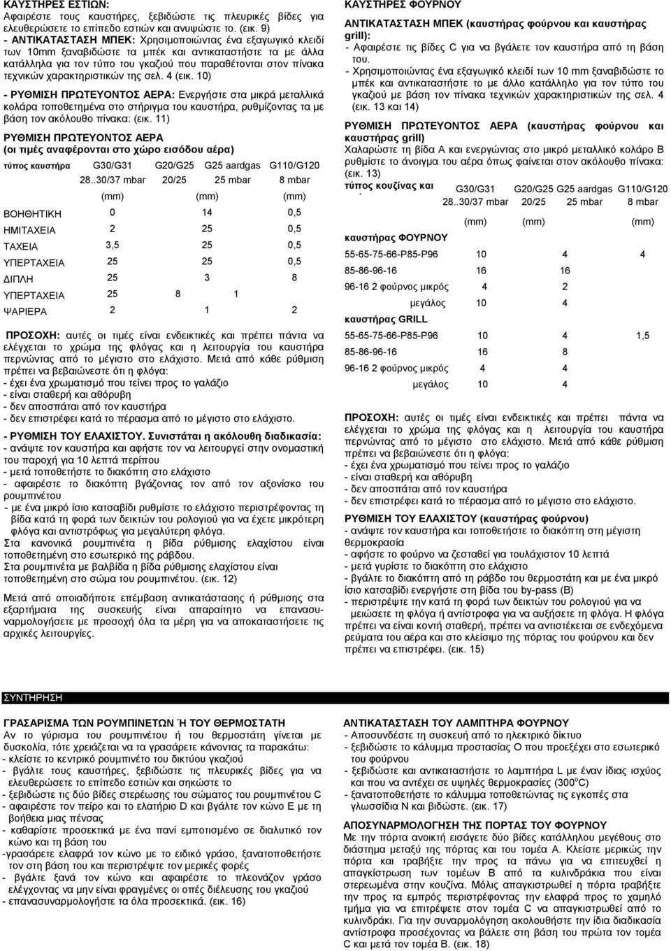 χαρακτηριστικών της σελ. 4 (εικ. 10) - ΡΥΘΜΙΣΗ ΠΡΩΤΕΥΟΝΤΟΣ ΑΕΡΑ: Ενεργήστε στα µικρά µεταλλικά κολάρα τοποθετηµένα στο στήριγµα του καυστήρα, ρυθµίζοντας τα µε βάση τον ακόλουθο πίνακα: (εικ.