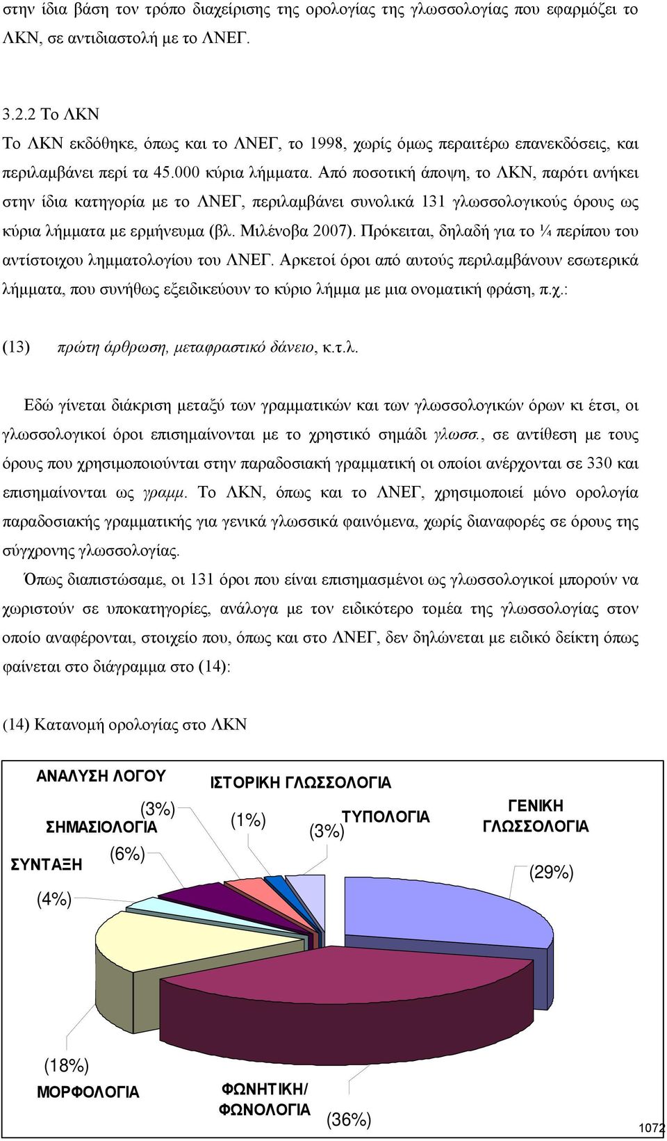 Από ποσοτική άποψη, το ΛΚΝ, παρότι ανήκει στην ίδια κατηγορία με το ΛΝΕΓ, περιλαμβάνει συνολικά 131 γλωσσολογικούς όρους ως κύρια λήμματα με ερμήνευμα (βλ. Μιλένοβα 2007).