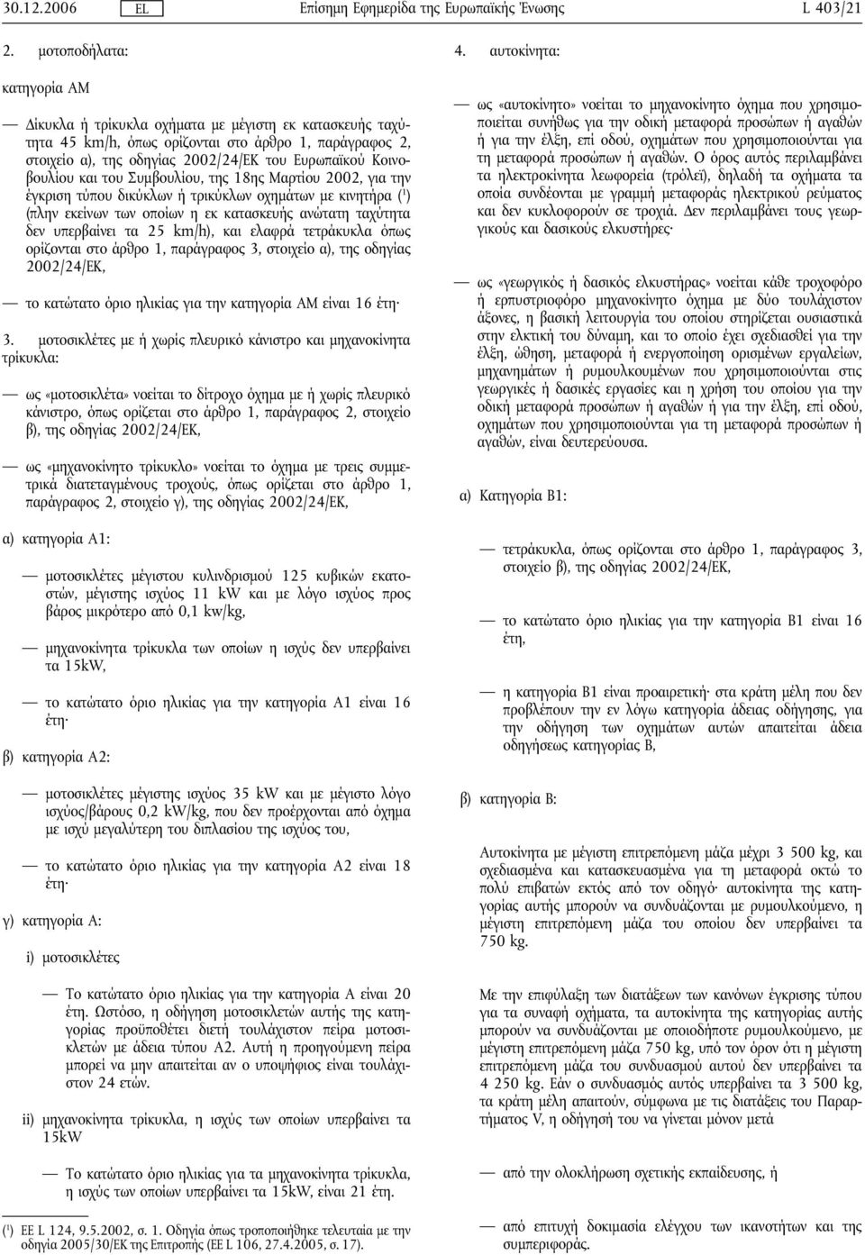 Κοινοβουλίου και του Συμβουλίου, της 18ης Μαρτίου 2002, για την έγκριση τύπου δικύκλων ή τρικύκλων οχημάτων με κινητήρα ( 1 ) (πλην εκείνων των οποίων η εκ κατασκευής ανώτατη ταχύτητα δεν υπερβαίνει