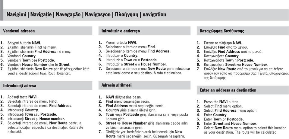 Zgjidhni shënimin New Route për të përzgjedhur këtë vend si destinacionin tuaj. Routi llogaritet. Introduceţi adresa 1. Apăsaţi tasta NAVI. 2. Selectaţi intrarea de meniu Find. 3.