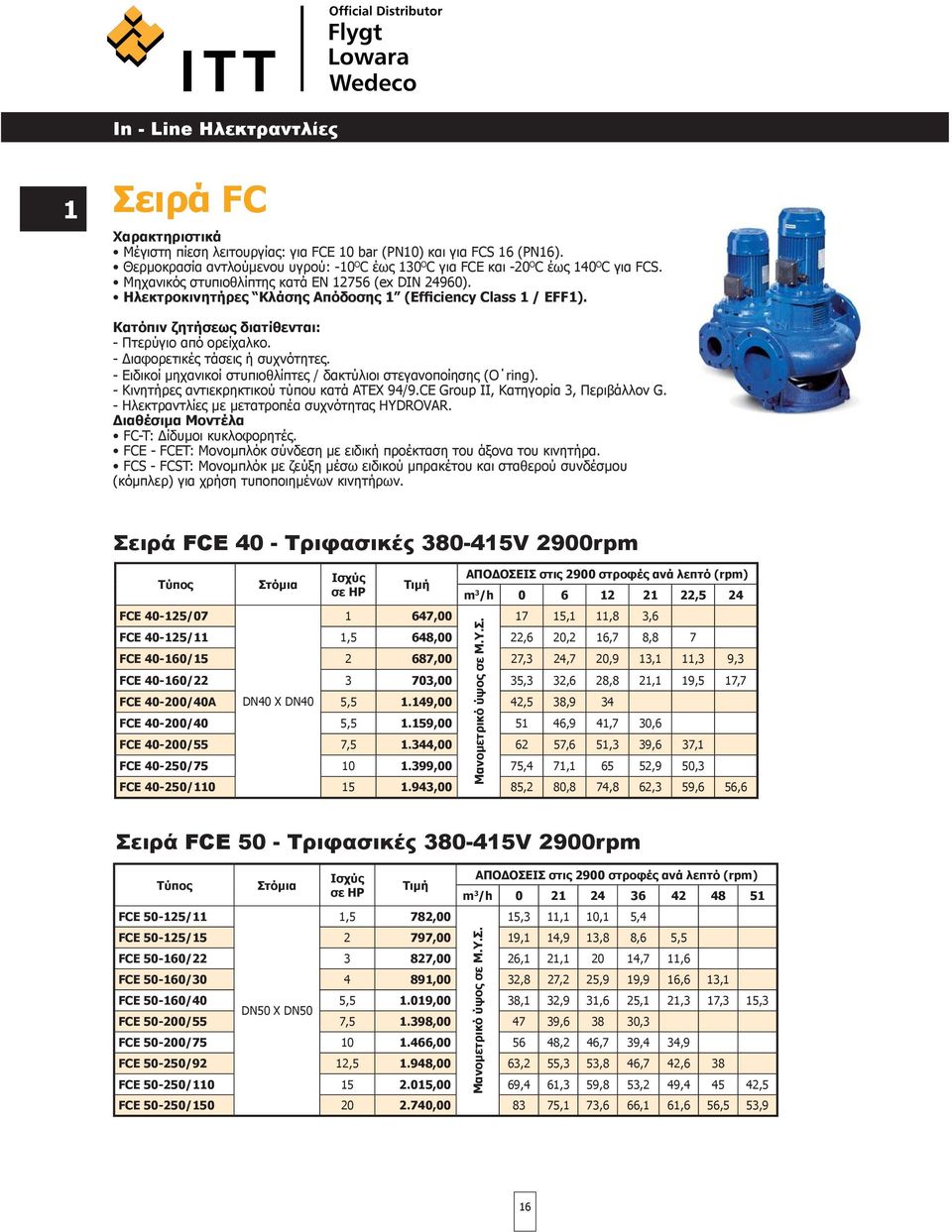 Ηλεκτροκινητήρες Κλάσης Απόδοσης 1 (Efficiency Class 1 / EFF1). Κατόπιν ζητήσεως διατίθενται: - Πτερύγιο από ορείχαλκο. - Διαφορετικές τάσεις ή συχνότητες.