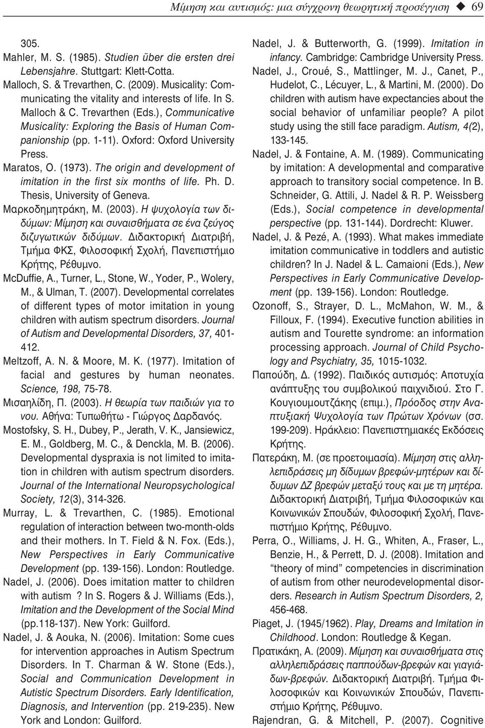 Oxford: Oxford University Press. Maratos, O. (1973). The origin and development of imitation in the first six months of life. Ph. D. Thesis, University of Geneva. Μαρκοδημητράκη, Μ. (2003).