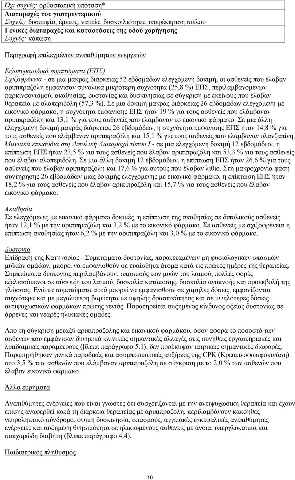 συνολικά μικρότερη συχνότητα (25,8 %) ΕΠΣ, περιλαμβανομένων παρκινσονισμού, ακαθησίας, δυστονίας και δυσκινησίας σε σύγκριση με εκείνους που έλαβαν θεραπεία με αλοπεριδόλη (57,3 %).