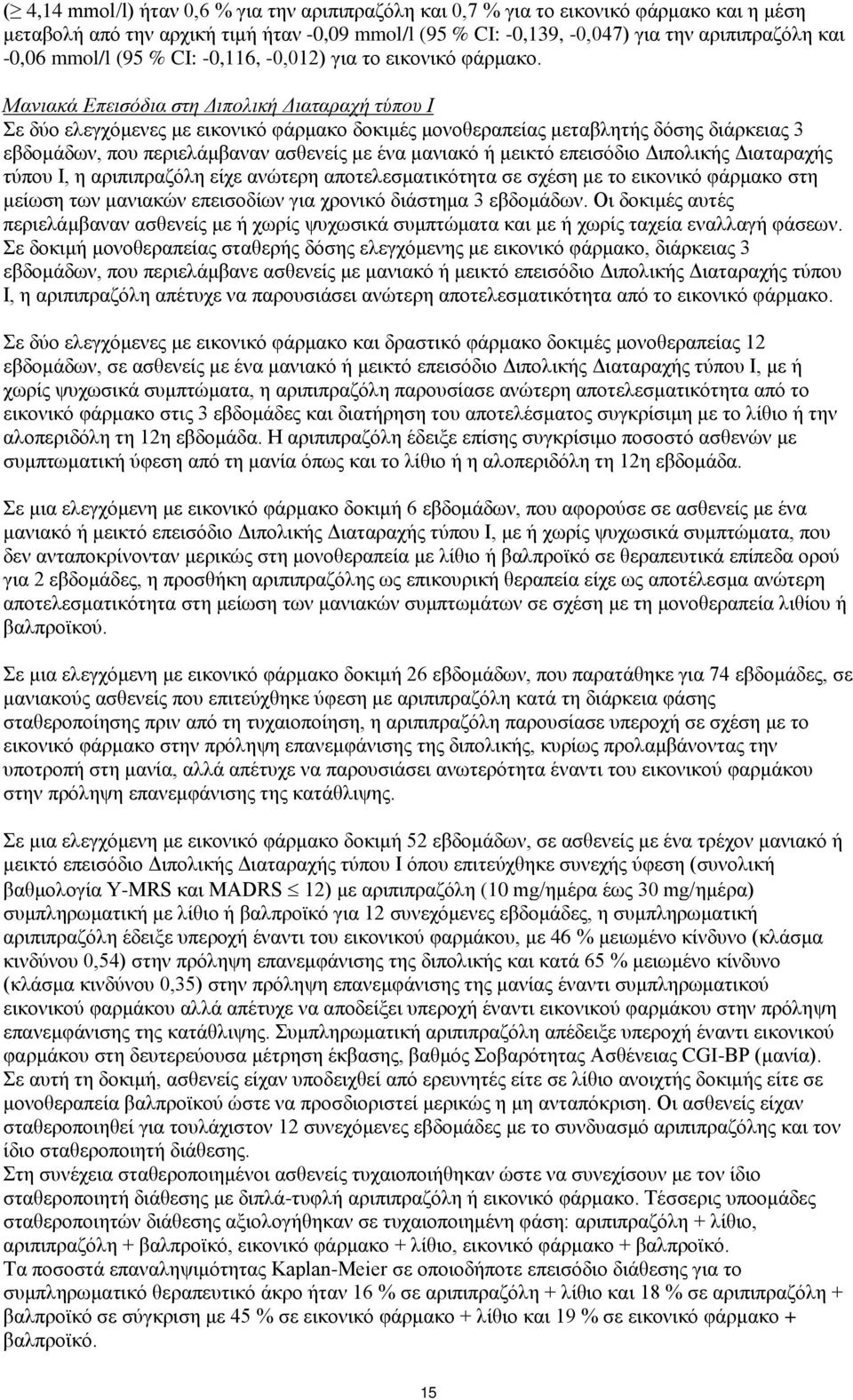 Μανιακά Επεισόδια στη Διπολική Διαταραχή τύπου Ι Σε δύο ελεγχόμενες με εικονικό φάρμακο δοκιμές μονοθεραπείας μεταβλητής δόσης διάρκειας 3 εβδομάδων, που περιελάμβαναν ασθενείς με ένα μανιακό ή