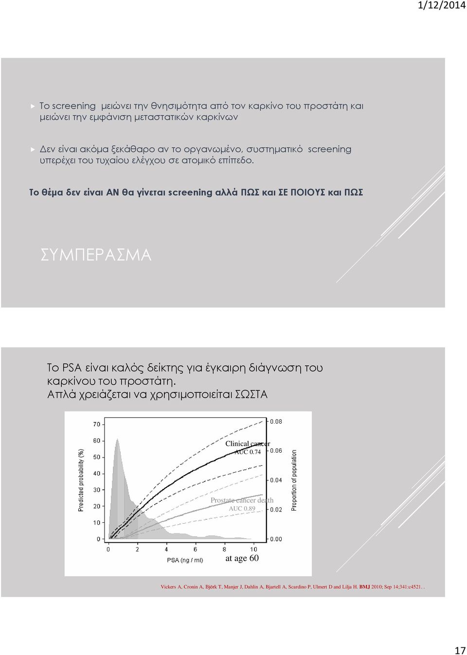 Το θέμα δεν είναι ΑΝ θα γίνεται screening αλλά ΠΩΣ και ΣΕ ΠΟΙΟΥΣ και ΠΩΣ ΣΥΜΠΕΡΑΣΜΑ Το PSA είναι καλός δείκτης για έγκαιρη διάγνωση του καρκίνου του