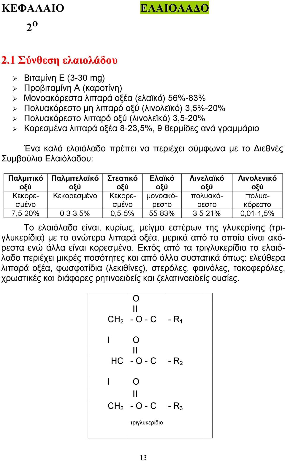 3,5-20% Κορεσµένα λιπαρά οξέα 8-23,5%, 9 θερµίδες ανά γραµµάριο Ένα καλό ελαιόλαδο πρέπει να περιέχει σύµφωνα µε το ιεθνές Συµβούλιο Ελαιόλαδου: Παλµιτικό οξύ Παλµιτελαïκό οξύ Στεατικό οξύ Ελαïκό οξύ