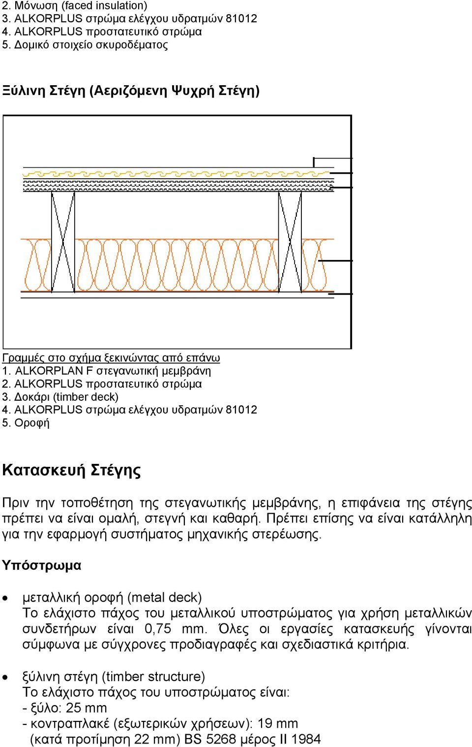 ALKORPLUS στρώµα ελέγχου υδρατµών 81012 5. Οροφή Κατασκευή Στέγης Πριν την τοποθέτηση της στεγανωτικής µεµβράνης, η επιφάνεια της στέγης πρέπει να είναι οµαλή, στεγνή και καθαρή.