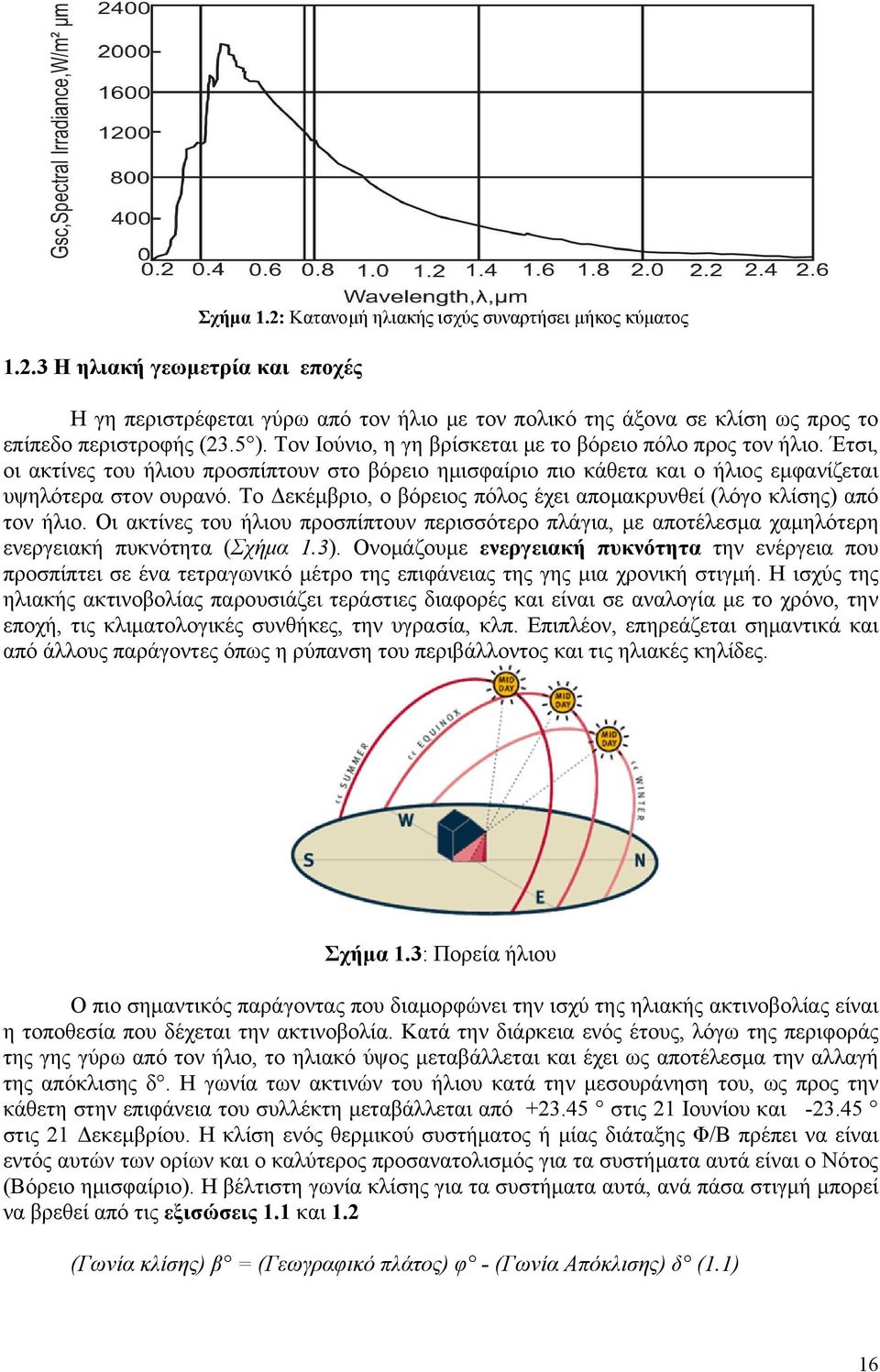 Το Δεκέμβριο, ο βόρειος πόλος έχει απομακρυνθεί (λόγο κλίσης) από τον ήλιο. Οι ακτίνες του ήλιου προσπίπτουν περισσότερο πλάγια, με αποτέλεσμα χαμηλότερη ενεργειακή πυκνότητα (Σχήμα 1.3).