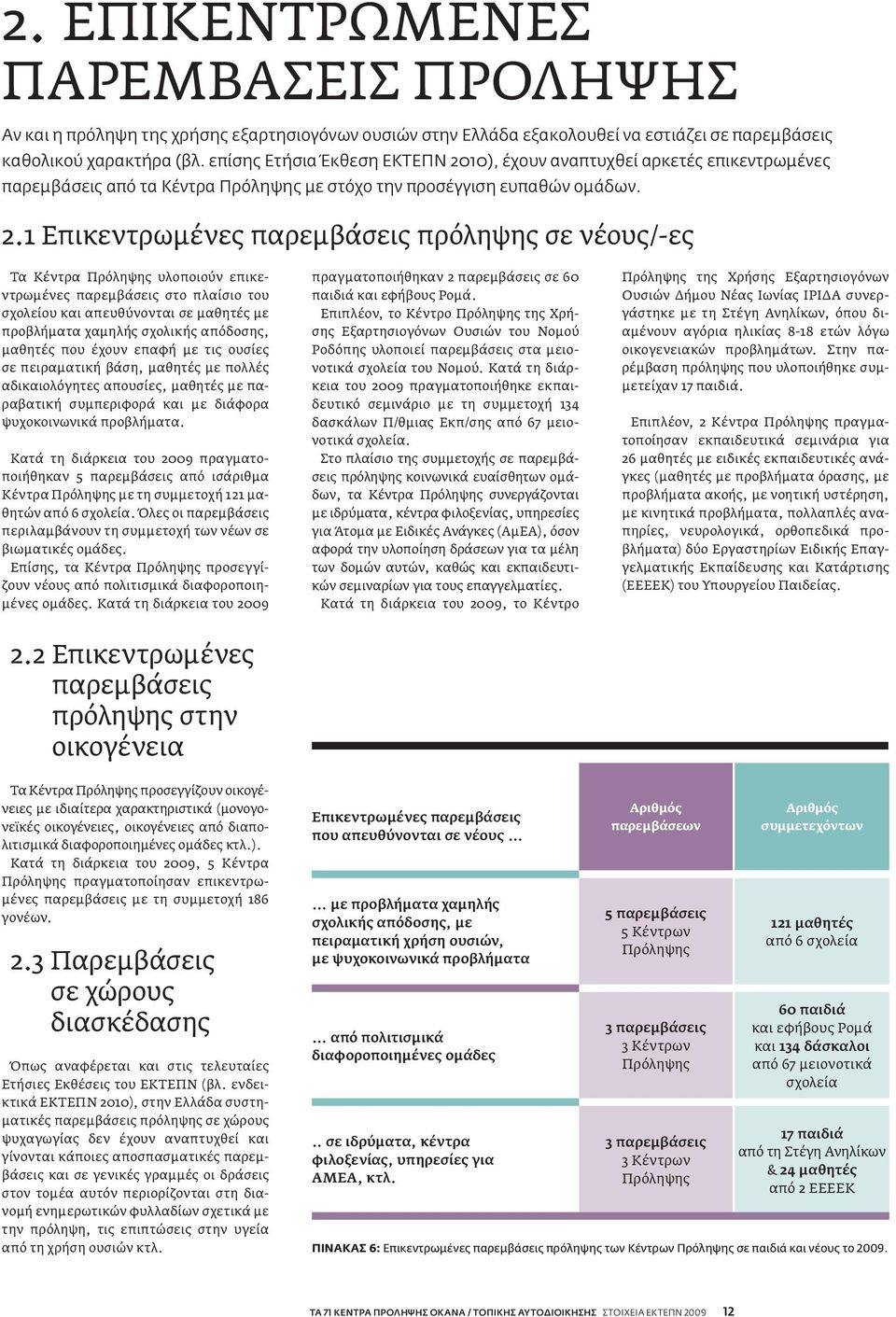 10), έχουν αναπτυχθεί αρκετές επικεντρωμένες παρεμβάσεις από τα Κέντρα με στόχο την προσέγγιση ευπαθών ομάδων. 2.