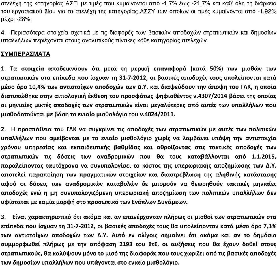 Τα στοιχεία αποδεικνύουν ότι μετά τη μερική επαναφορά (κατά 50%) των μισθών των στρατιωτικών στα επίπεδα που ίσχυαν τη 31-7-2012, οι βασικές αποδοχές τους υπολείπονται κατά μέσο όρο 10,4% των