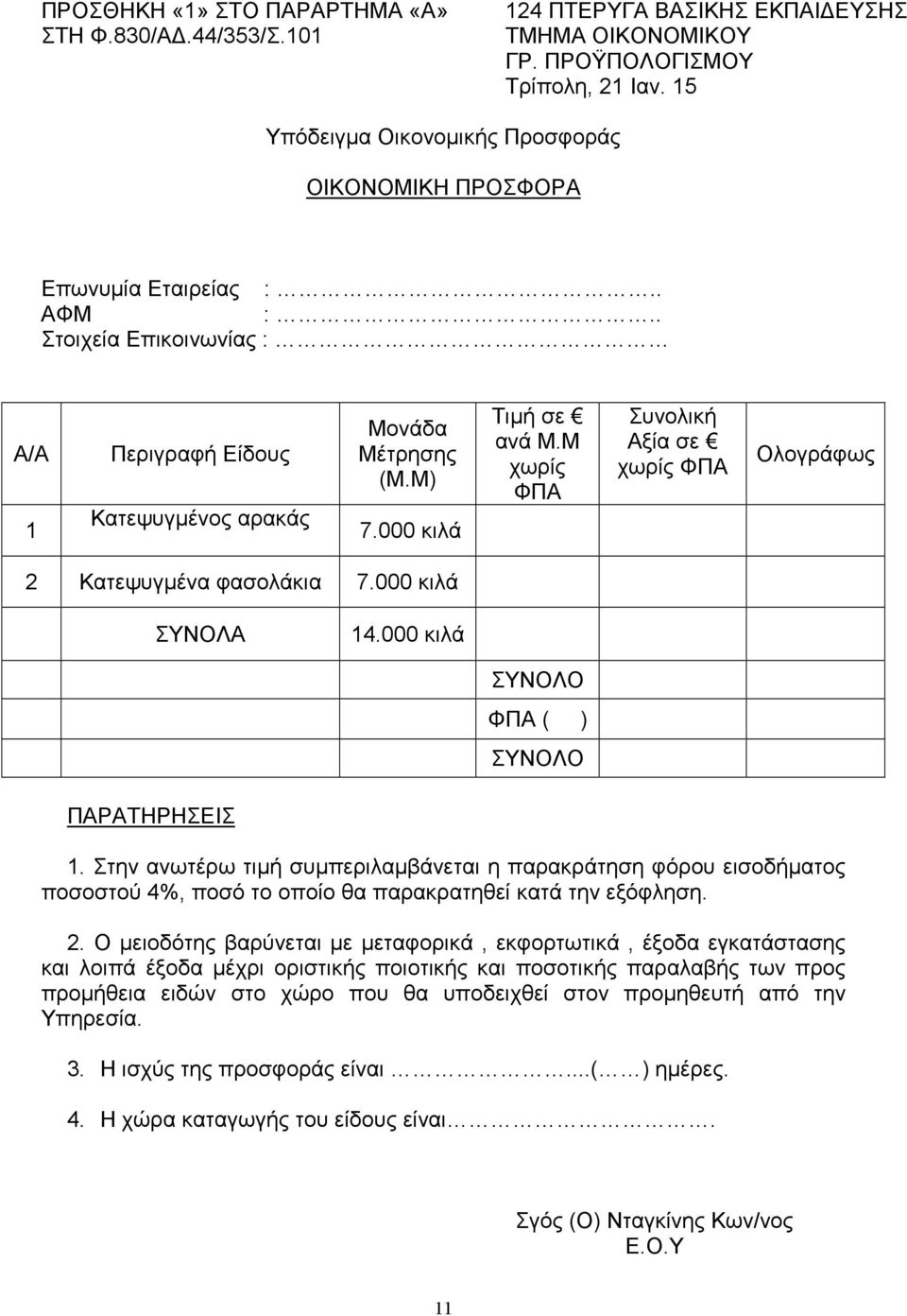 Μ χωρίς ΦΠΑ Συνολική Αξία σε χωρίς ΦΠΑ Ολογράφως 2 Κατεψυγµένα φασολάκια 7.000 κιλά ΣΥΝΟΛΑ 14.000 κιλά ΣΥΝΟΛΟ ΦΠΑ ( ) ΣΥΝΟΛΟ ΠΑΡΑΤΗΡΗΣΕΙΣ 1.