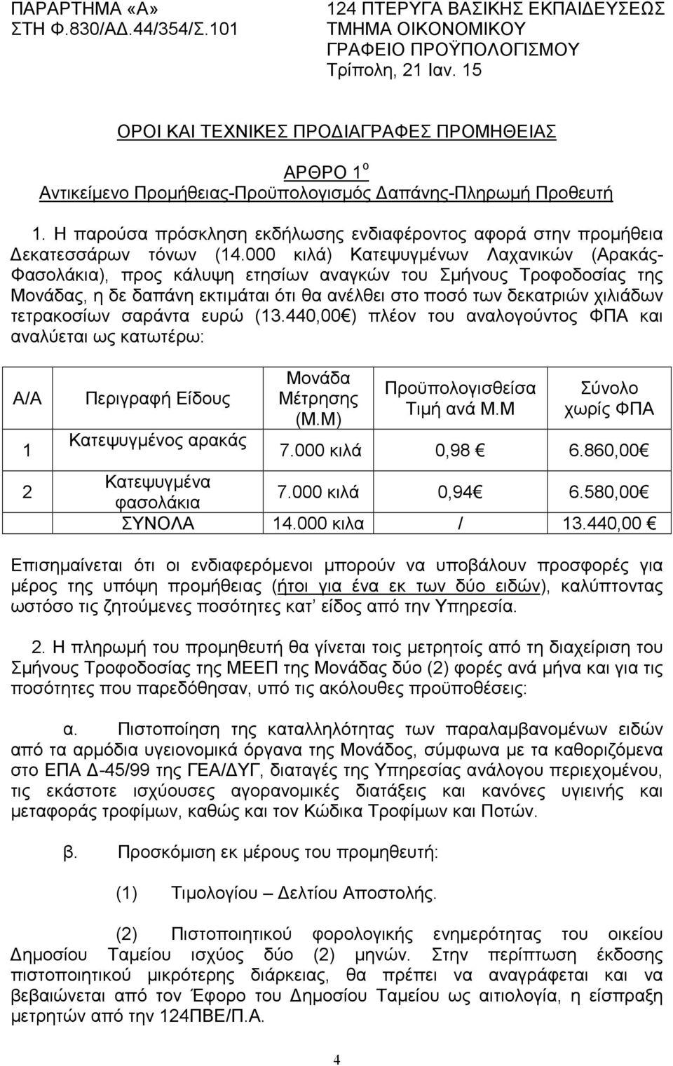 Η παρούσα πρόσκληση εκδήλωσης ενδιαφέροντος αφορά στην προµήθεια εκατεσσάρων τόνων (14.