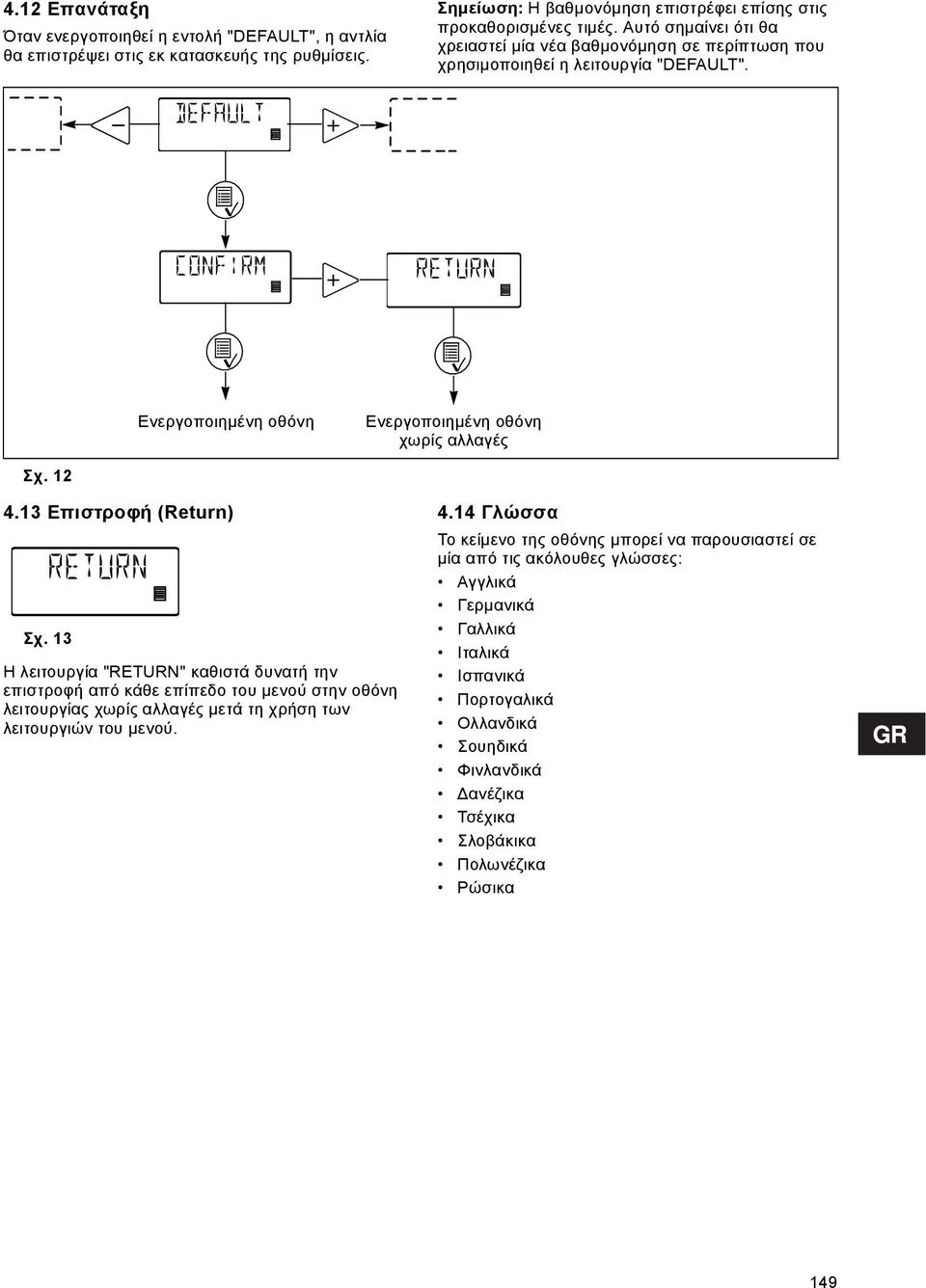 13 Επιστροφή (Return) Σχ. 13 Η λειτουργία "RETURN" καθιστά δυνατή την επιστροφή από κάθε επίπεδο του μενού στην οθόνη λειτουργίας χωρίς αλλαγές μετά τη χρήση των λειτουργιών του μενού. 4.