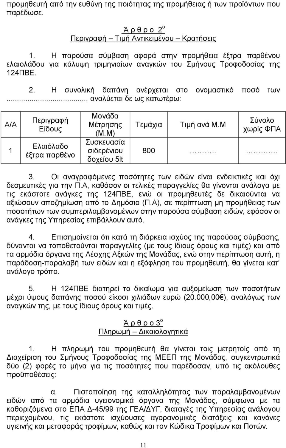 .., αναλύεται δε ως κατωτέρω: A/A 1 Περιγραφή Είδους Ελαιόλαδο έξτρα παρθένο Μονάδα Μέτρησης (Μ.Μ) Συσκευασία σιδερένιου δοχείου 5lt Τεµάχια Τιµή ανά Μ.Μ Σύνολο χωρίς ΦΠΑ 800... 3.