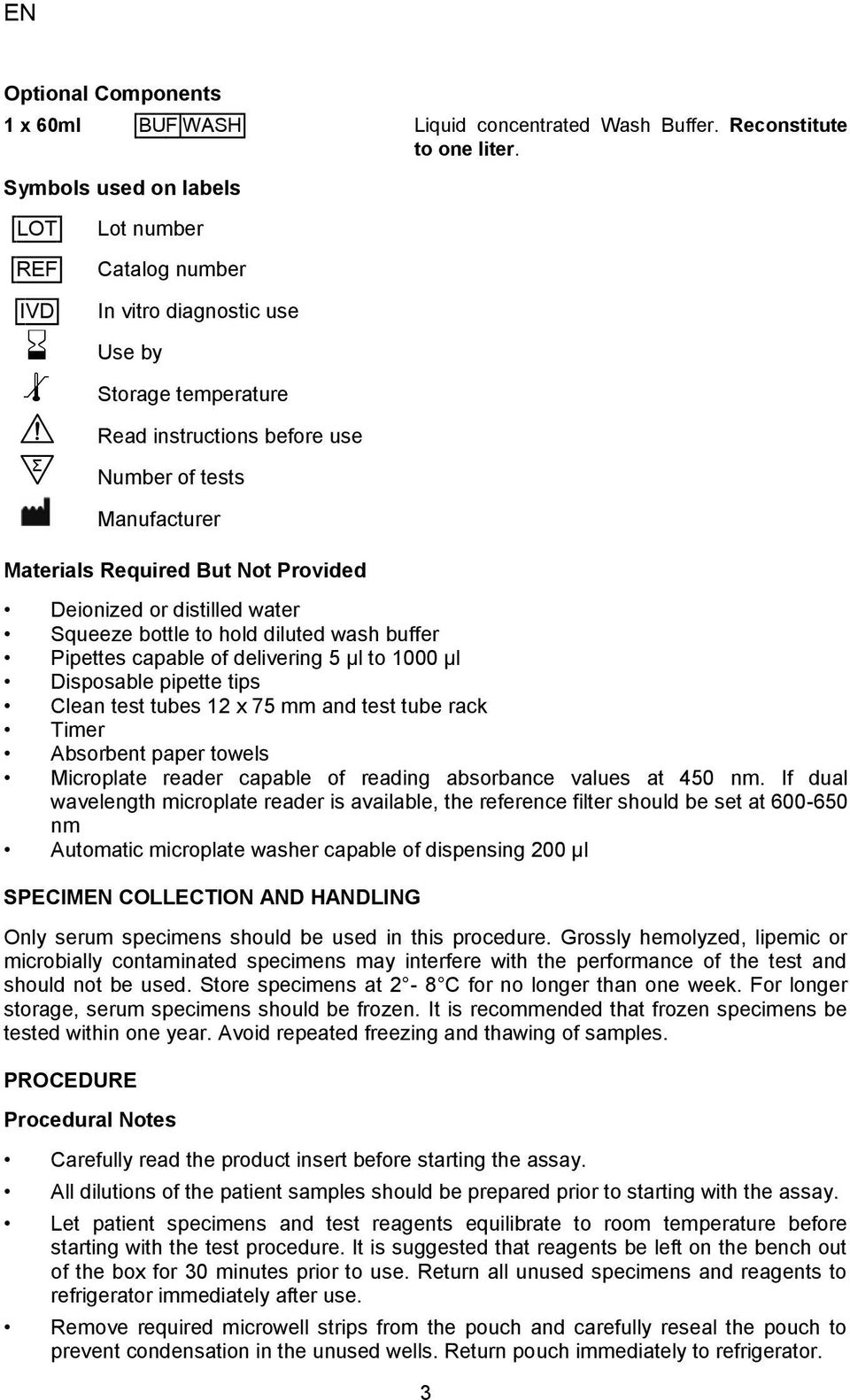 Read instructions before use s Number of tests Manufacturer Materials Required But Not Provided Deionized or distilled water Squeeze bottle to hold diluted wash buffer Pipettes capable of delivering