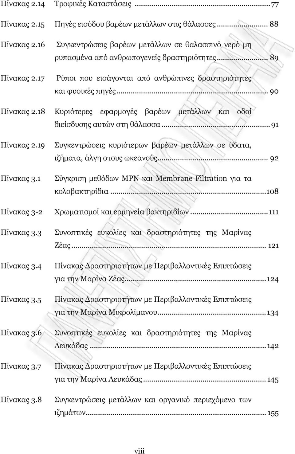18 Κυριότερες εφαρμογές βαρέων μετάλλων και οδοί διείσδυσης αυτών στη θάλασσα...91 Πίνακας 2.19 Πίνακας 3.1 Συγκεντρώσεις κυριότερων βαρέων μετάλλων σε ύδατα, ιζήματα, άλγη στους ωκεανούς.