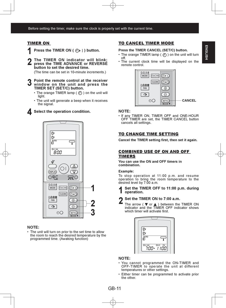 ) Point the remote control at the receiver window on the unit and press the TIMER SET (SET/C) button. The orange TIMER lamp ( ) on the unit will light.