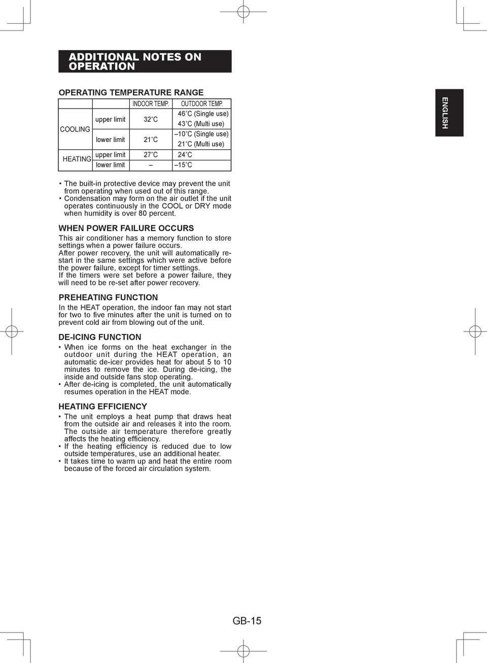 unit from operating when used out of this range. Condensation may form on the air outlet if the unit operates continuously in the COOL or DRY mode when humidity is over 80 percent.