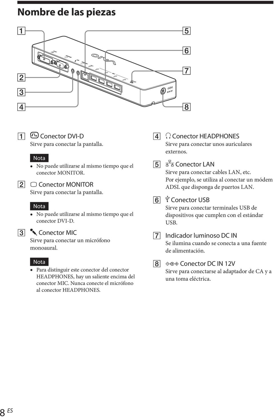 Nota Para distinguir este conector del conector HEADPHONES, hay un saliente encima del conector MIC. Nunca conecte el micrófono al conector HEADPHONES.