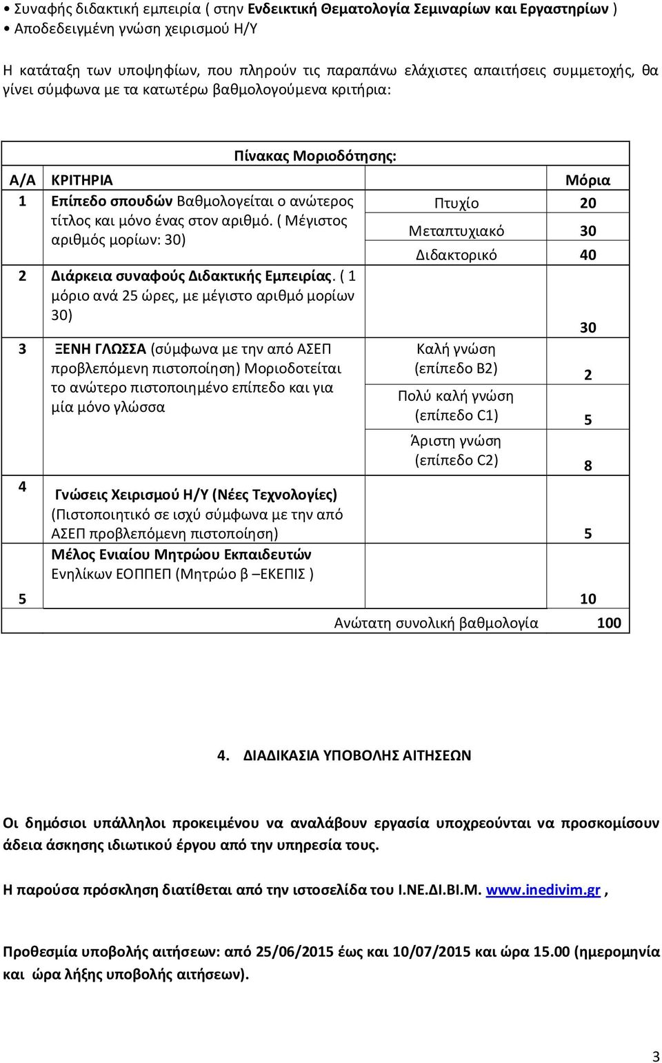 ( Μζγιςτοσ Μεταπτυχιακό 30 αρικμόσ μορίων: 30) Διδακτορικό 40 2 Διάρκεια ςυναφοφσ Διδακτικισ Εμπειρίασ.