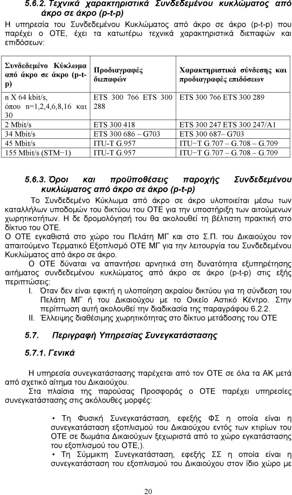 διεπαφών και επιδόσεων: Συνδεδεμένο Κύκλωμα από άκρο σε άκρο (p-tp) n X 64 kbit/s, όπου n=1,2,4,6,8,16 και 30 Προδιαγραφές διεπαφών ETS 300 766 ETS 300 288 Χαρακτηριστικά σύνδεσης και προδιαγραφές