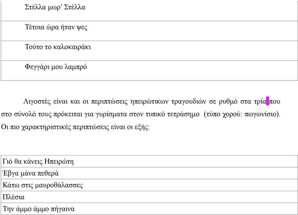 γυρίσματα στον τυπικό τετράσημο (τύπο χορού: πωγωνίσιο).