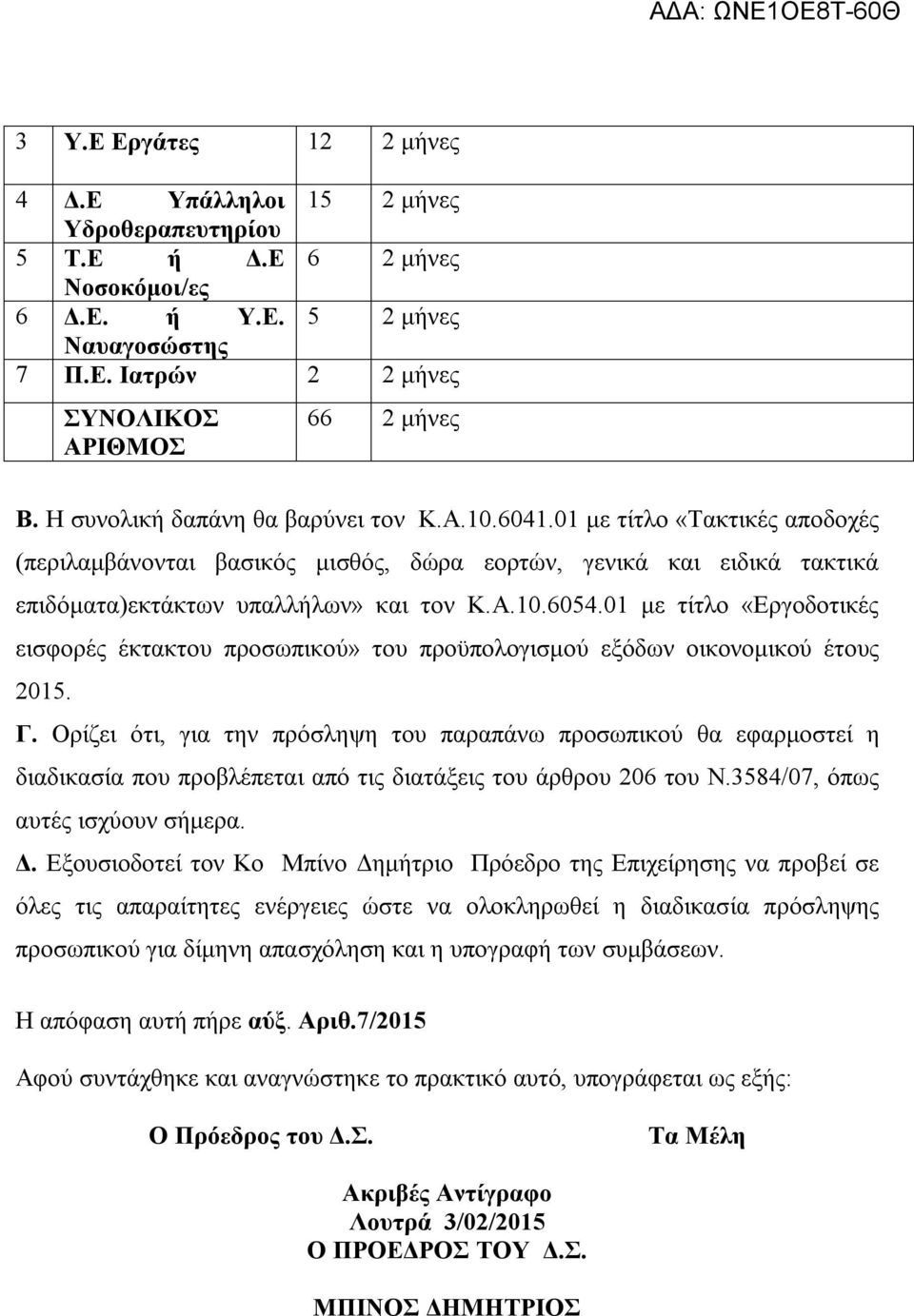 01 με τίτλο «Εργοδοτικές εισφορές έκτακτου προσωπικού» του προϋπολογισμού εξόδων οικονομικού έτους 2015. Γ.