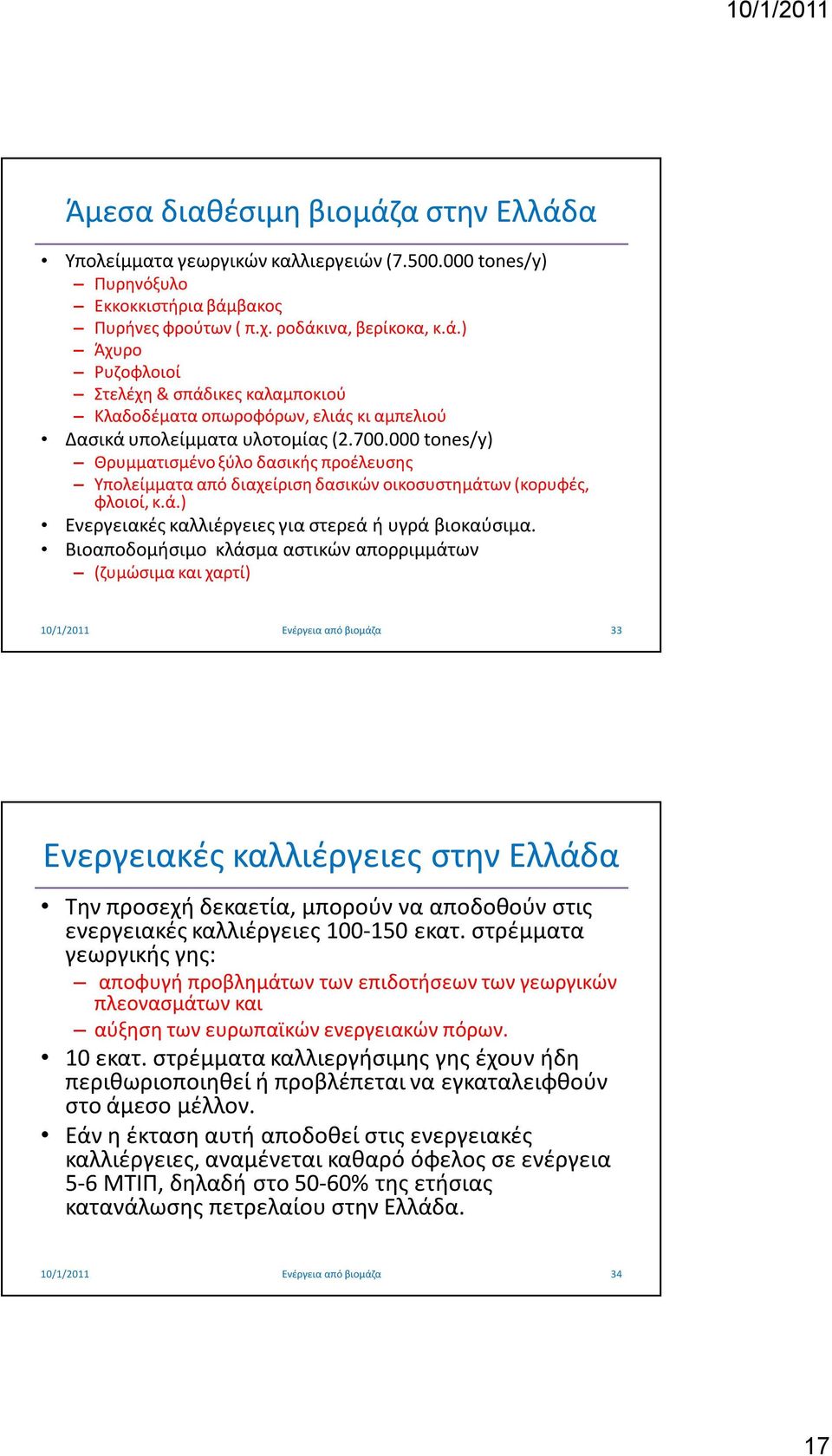 Βιοαποδομήσιμο κλάσμα αστικών απορριμμάτων (ζυμώσιμα και χαρτί) 33 Ενεργειακές καλλιέργειες στην Ελλάδα Την προσεχή δεκαετία, μπορούν να αποδοθούν στις ενεργειακές καλλιέργειες 100-150 εκατ.