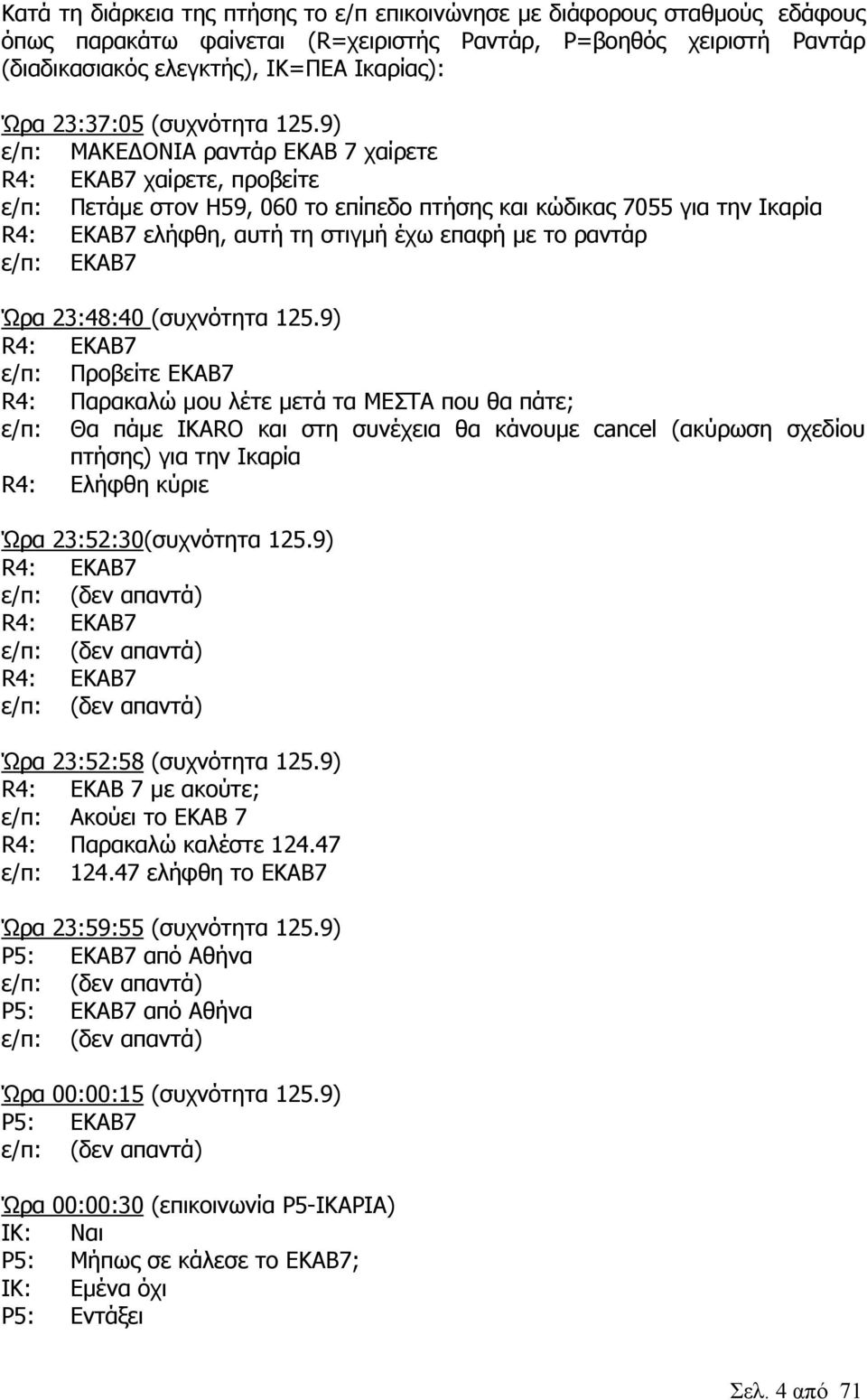 9) ε/π: ΜΑΚΕ ΟΝΙΑ ραντάρ ΕΚΑΒ 7 χαίρετε R4: ΕΚΑΒ7 χαίρετε, προβείτε ε/π: Πετάµε στον Η59, 060 το επίπεδο πτήσης και κώδικας 7055 για την Ικαρία R4: EΚΑΒ7 ελήφθη, αυτή τη στιγµή έχω επαφή µε το ραντάρ