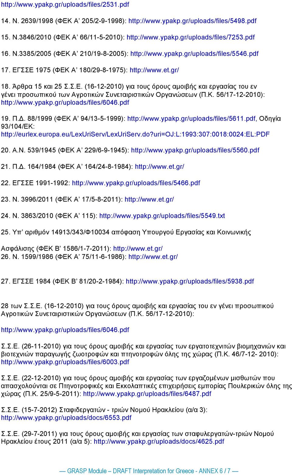 Κ. 56/17-12-2010): http://www.ypakp.gr/uploads/files/6046.pdf 19. Π.Δ. 88/1999 (ΦΕΚ Α 94/13-5-1999): http://www.ypakp.gr/uploads/files/5611.pdf, Οδηγία 93/104/ΕΚ: http://eurlex.europa.
