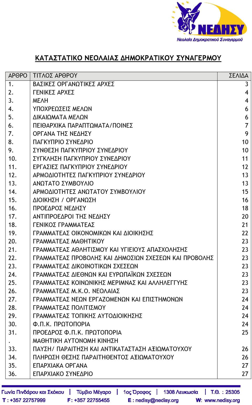 ΑΝΩΤΑΤΟ ΣΥΜΒΟΥΛΙΟ 14. ΑΡΜΟΔΙΟΤΗΤΕΣ ΑΝΩΤΑΤΟΥ ΣΥΜΒΟΥΛΙΟΥ 15. ΔΙΟΙΚΗΣΗ / ΟΡΓΑΝΩΣΗ 16. ΠΡΟΕΔΡΟΣ ΝΕΔΗΣΥ 17. ΑΝΤΙΠΡΟΕΔΡΟΙ ΤΗΣ ΝΕΔΗΣΥ 18. ΓΕΝΙΚΟΣ ΓΡΑΜΜΑΤΕΑΣ 19. ΓΡΑΜΜΑΤΕΑΣ ΟΙΚΟΝΟΜΙΚΩΝ ΚΑΙ ΔΙΟΙΚΗΣΗΣ 20.