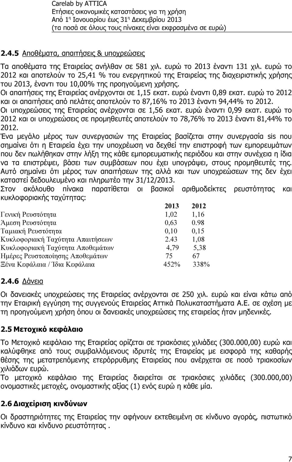 ευρώ έναντι 0,89 εκατ. ευρώ το 2012 και οι απαιτήσεις από πελάτες αποτελούν το 87,16% το 2013 έναντι 94,44% το 2012. Οι υποχρεώσεις της Εταιρείας ανέρχονται σε 1,56 εκατ. ευρώ έναντι 0,99 εκατ.