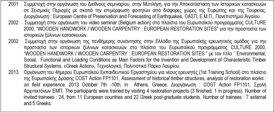 2002 Συμμετοχή στην οργάνωση του video seminar (Βelgium action) στα πλαίσια του Ευρωπαϊκού προγράμματος CULTURE 2000, WOODEN HANDWORK / WOODEN CARPENTRY : EUROPEAN RESTORATION SITES για την προστασία