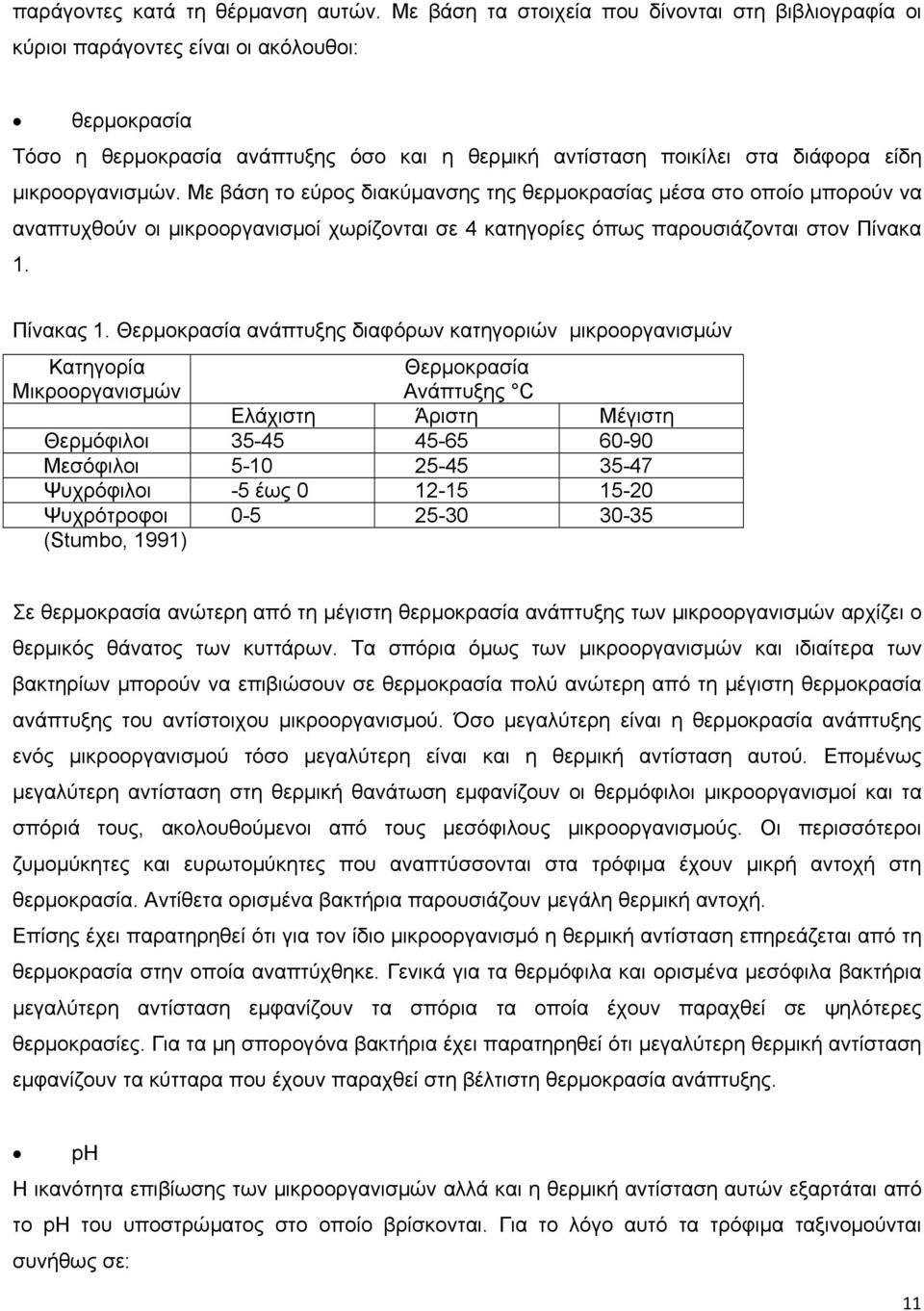 μικροοργανισμών. Με βάση το εύρος διακύμανσης της θερμοκρασίας μέσα στο οποίο μπορούν να αναπτυχθούν οι μικροοργανισμοί χωρίζονται σε 4 κατηγορίες όπως παρουσιάζονται στον Πίνακα 1. Πίνακας 1.