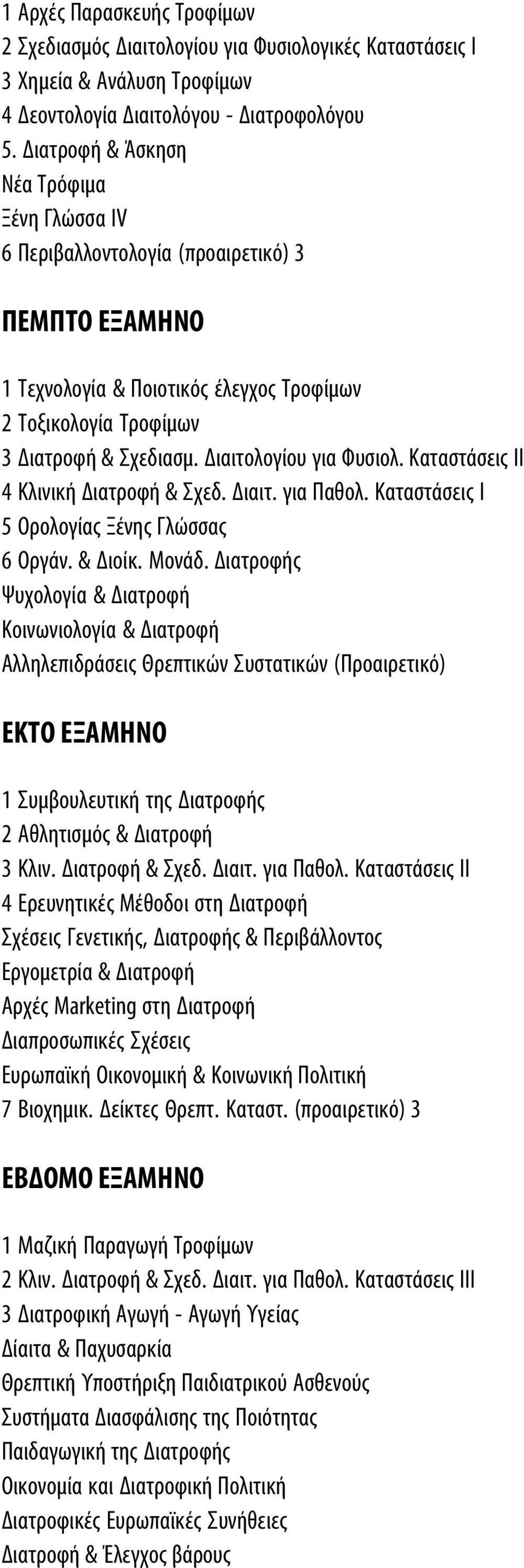 Διαιτολογίου για Φυσιολ. Καταστάσεις ΙΙ 4 Κλινική Διατροφή & Σχεδ. Διαιτ. για Παθολ. Καταστάσεις Ι 5 Ορολογίας Ξένης Γλώσσας 6 Οργάν. & Διοίκ. Μονάδ.