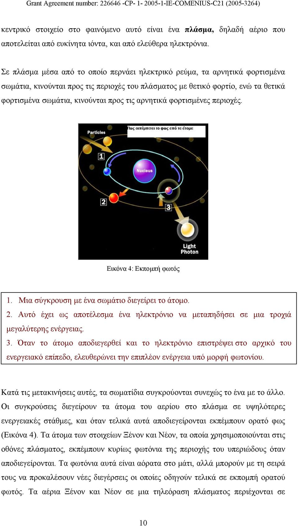 αρνητικά φορτισμένες περιοχές. Εικόνα 4: Εκπομπή φωτός 1. Μια σύγκρουση με ένα σωμάτιο διεγείρει το άτομο. 2. Αυτό έχει ως αποτέλεσμα ένα ηλεκτρόνιο να μεταπηδήσει σε μια τροχιά μεγαλύτερης ενέργειας.